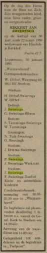 overlijdensadvertentie rikkert jan swieringa on 1 Feb 1983.